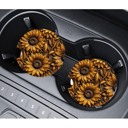 Wooden Rustic Sunflower Design Car Coasters for Vehicle Accessories