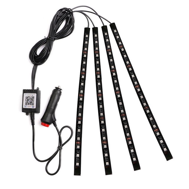 Iluminación interior LED para automóvil, tira LED para automóvil de 48 LED de 4 piezas, diseño mejorado de dos líneas, iluminación impermeable, iluminación interior de música multicolor controlable
