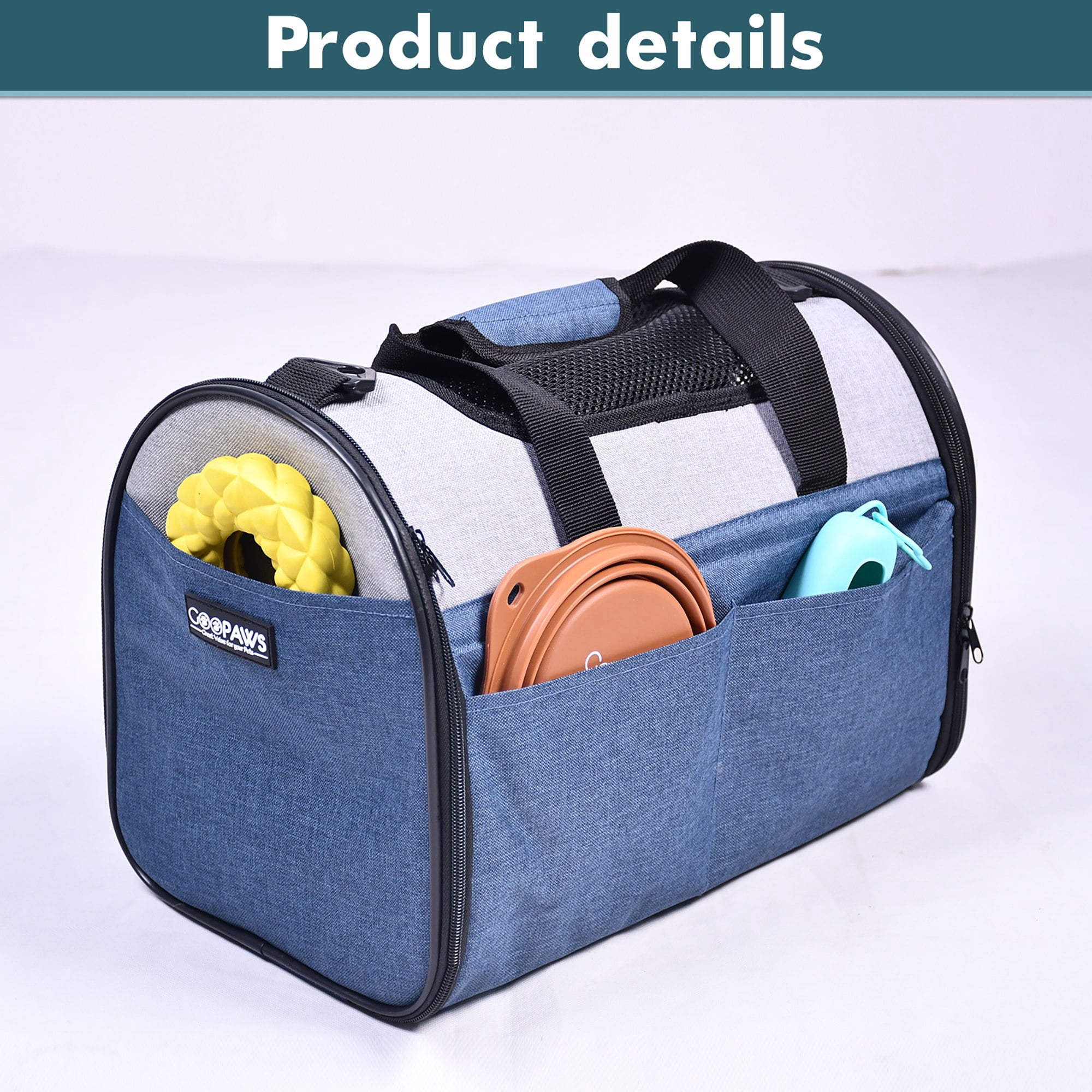 JESPET & GOOPAWS: Sport Airline Pet Carrier - Dark Blue - 16", Dogs Cats Up To 10lbs, Soft-Sided Collapsible Kennel, Airline Approved, Travel Handbag