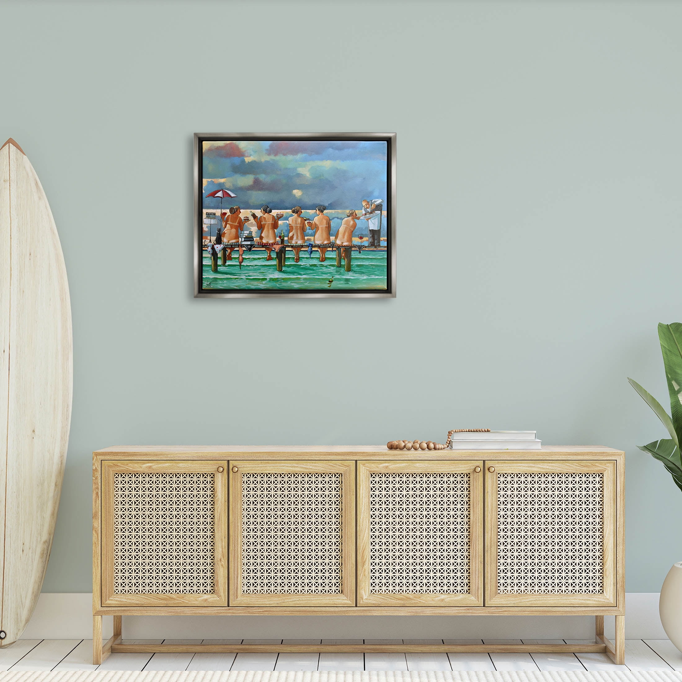 Beach Dock Women Summer Fun Coastal Painting Luster Gray Framed Art Print Wall Art