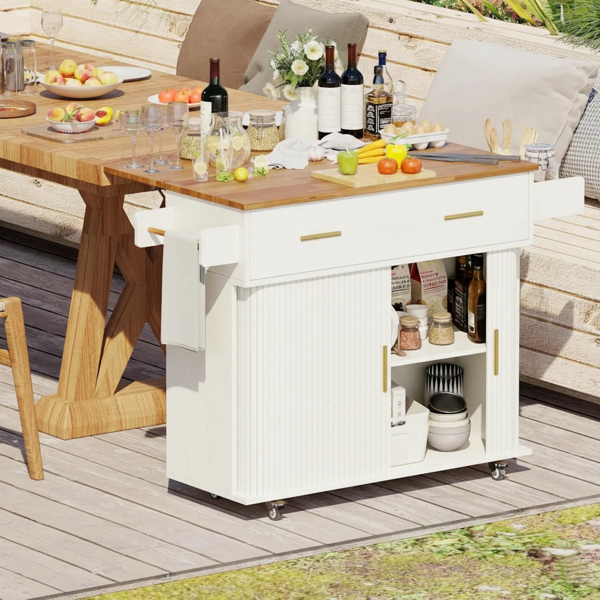 AISWORD Rolling Kitchen Island with Drop Leaf, Sliding Door, Drawers & Spice Rack, White