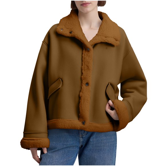 Veste d'Hiver Doublée en Sherpa pour Femmes - Manches Longues Col à Revers Boutonnée Chaude Couleur Unie avec Grandes Poches
