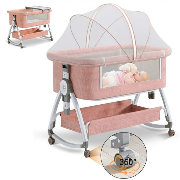 ANJORALA Baby Bassinet with Wheels, Portable Infant Bedside Crib Travel Bassinet, Pink