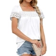 thumbnail image 3 of Camiseta de manga corta con ribete de encaje blanco para mujer, camiseta informal holgada con diseño de color puro, 3 of 6