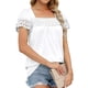 thumbnail image 3 of Blusa informal holgada de manga corta con ribete de encaje blanco para mujer, de color puro, 3 of 6