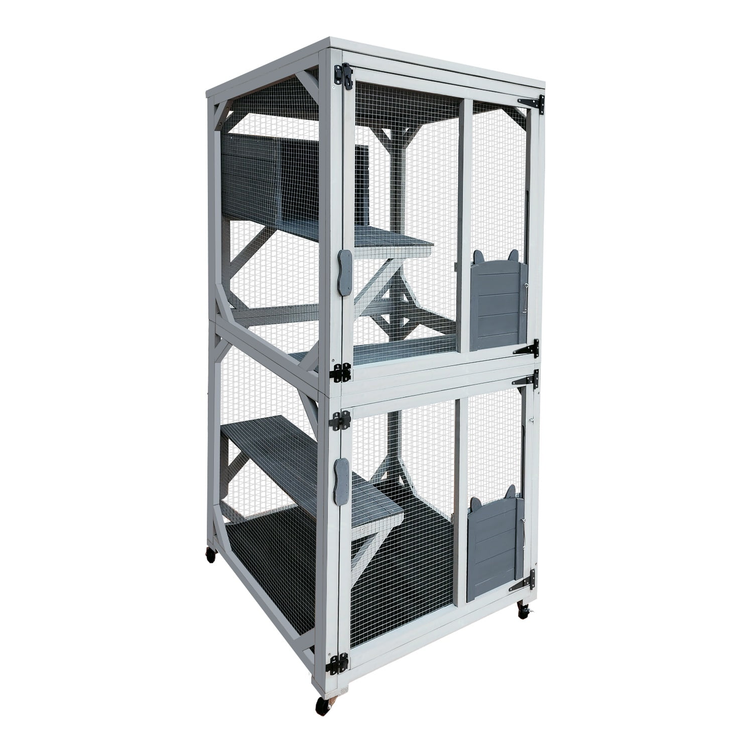 Catio, 2-Tier Outdoor Cat Enclosure, Wooden Cat House for Outside Indoor Kitty Cage on Wheels, All-weather Waterproof Top, Resting Box and Jump Platform, 71''H
