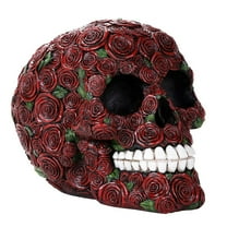Decorative Ornate Red Roses Flower Skull Figurine Halloween Decor Collectible 4.75 Inches Tall