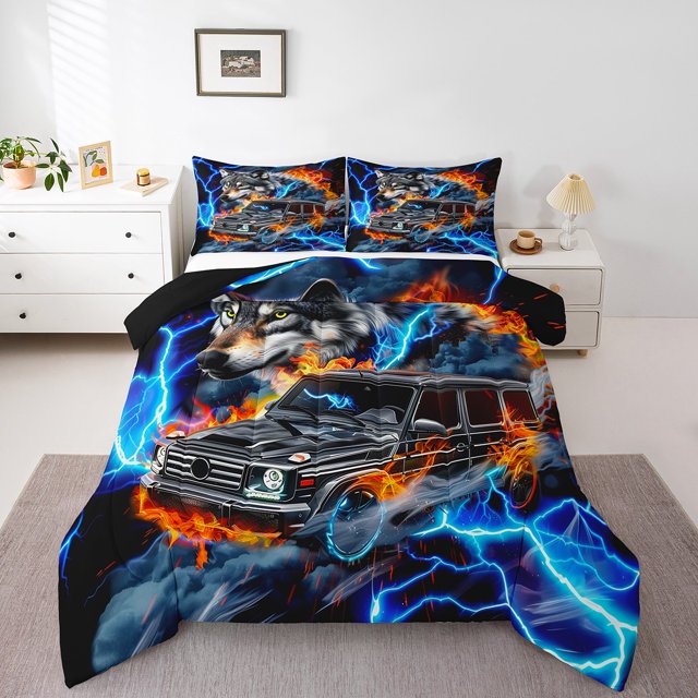 Erosebridal Lightning Car Comforter Sets Queen Size,Animal Wolf Bedding Queen Comforter Set,Microfiber Reversible Bedding Sets Queen with Comforter,Wildlife Room Decorative