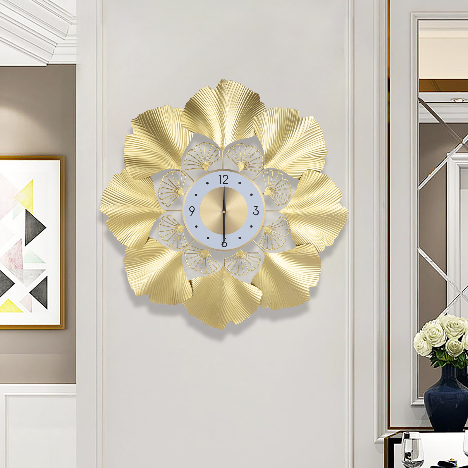 3D Creative Ginkgo Biloba Wall Clock, Gold Dial Design Silent Sweep Seconds Movement Digital Display For Study Office Bedroom, Art Clock