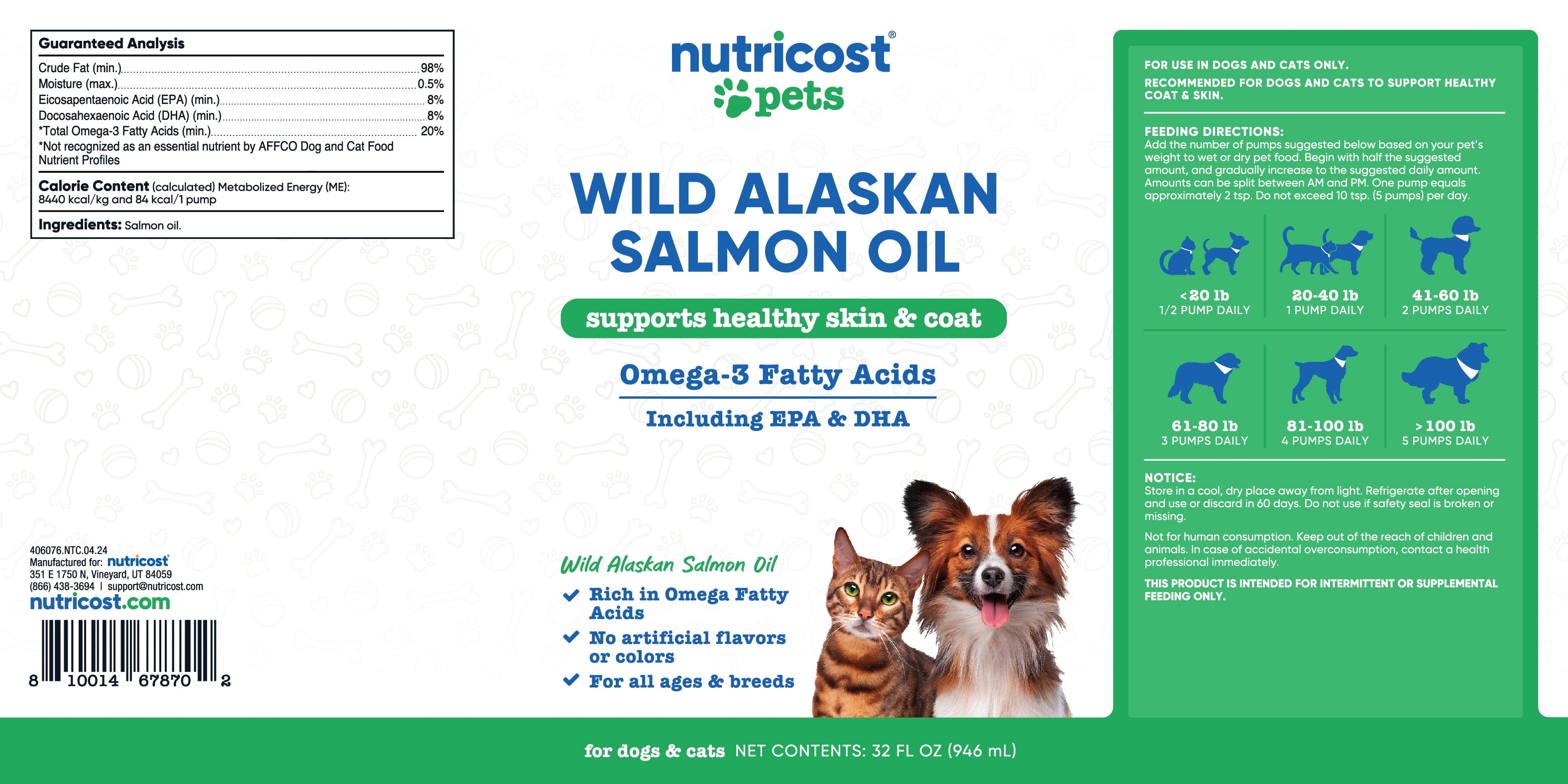 Nutricost Pets Wild Alaskan Salmon Oil for Dogs and Cats, 32 fl oz, Supports Healthy Skin & Coat, Omega-3 Fatty Acids Including EPA & DHA