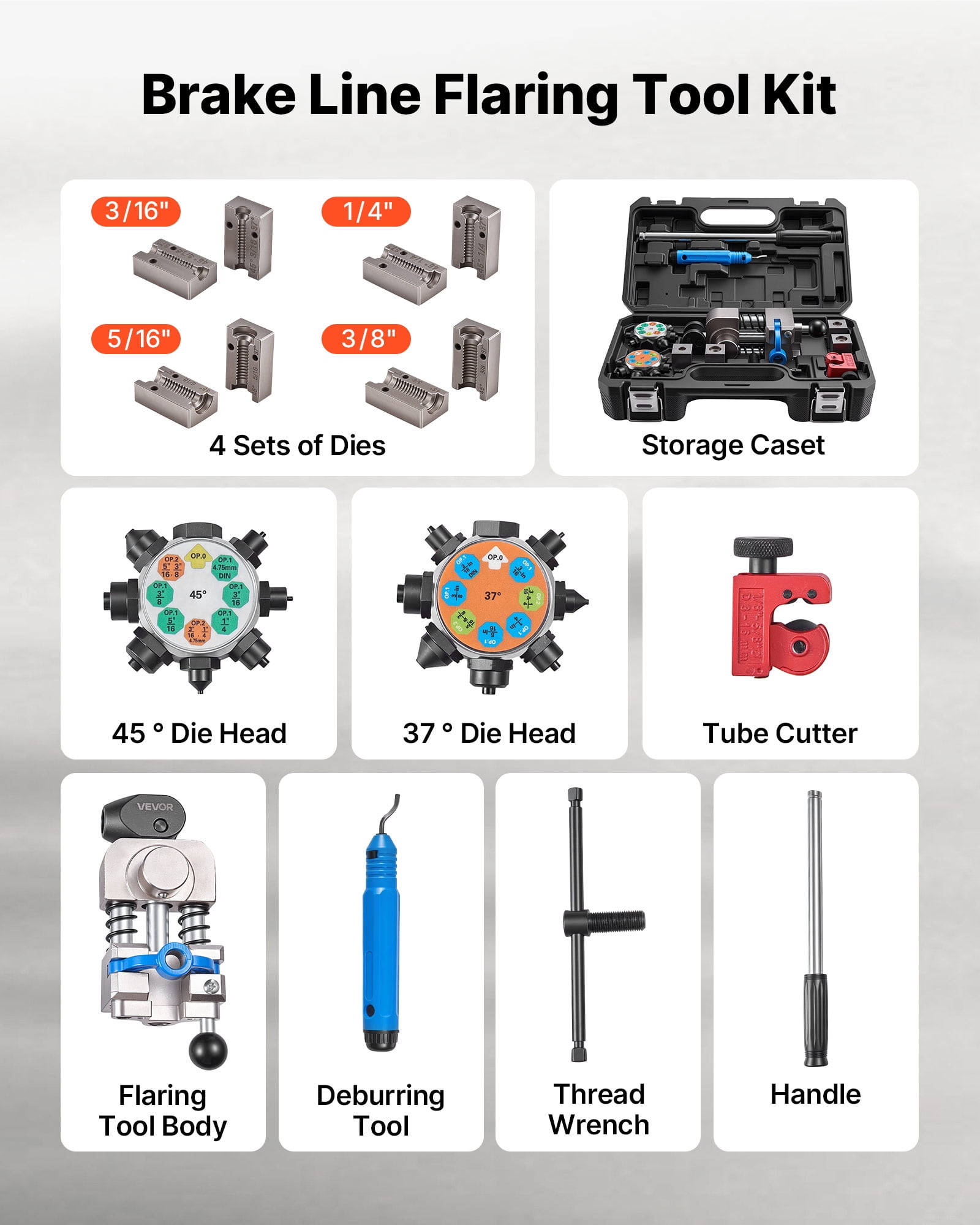 VEVOR Professional Brake Line Flaring Tool, 45 & 37 Degree Double Flare Bubble Flare Tool Kit for 3/16", 1/4", 5/16", 3/8" Copper Aluminum Thin Steel Tubes