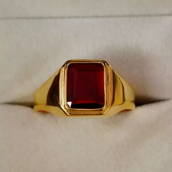 Lab Created Emerald Cut 3.50Ct Garnet Engagement Men's Ring 14k Yellow Gold Over