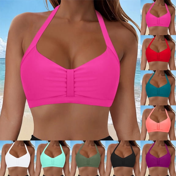 Women Halter Bikini Tops Push Up Retro Bathing Suits Padded Swimsuit Top Only No Bottom (Army Green, XXL)