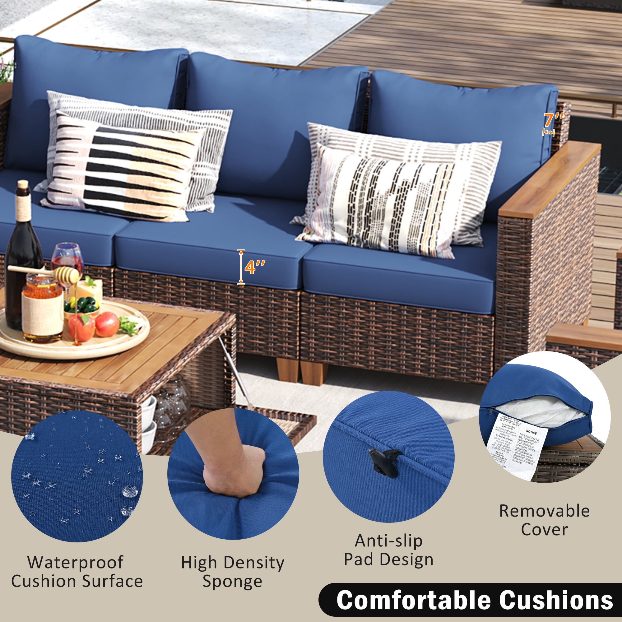 8-PCS Outdoor Patio Furniture Set with Swivel Rocking Chairs, Wicker Sectional Sofa Set with 4" Thick Cushions & Acacia Storage Table, All-Weather Rattan Conversation Set for Backyard, Patio, Blue