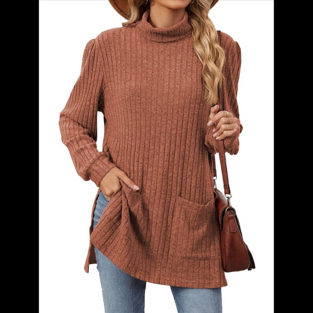 Camisas de Larga para Mujer, Blusas Túnica Casuales de Cuello Alto Naranja Rojo XL