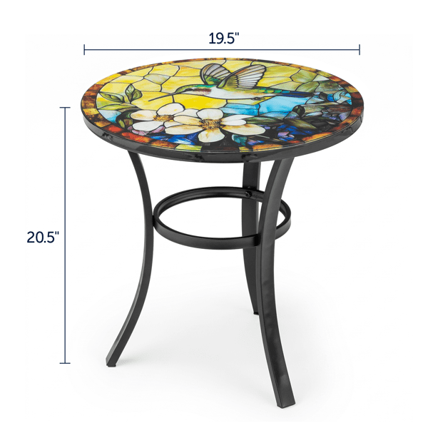 19.5 inch Side Table, Round Iron Top with Tripod Legs, Indoor Outdoor Accent End Table, Hummingbird Mosaic