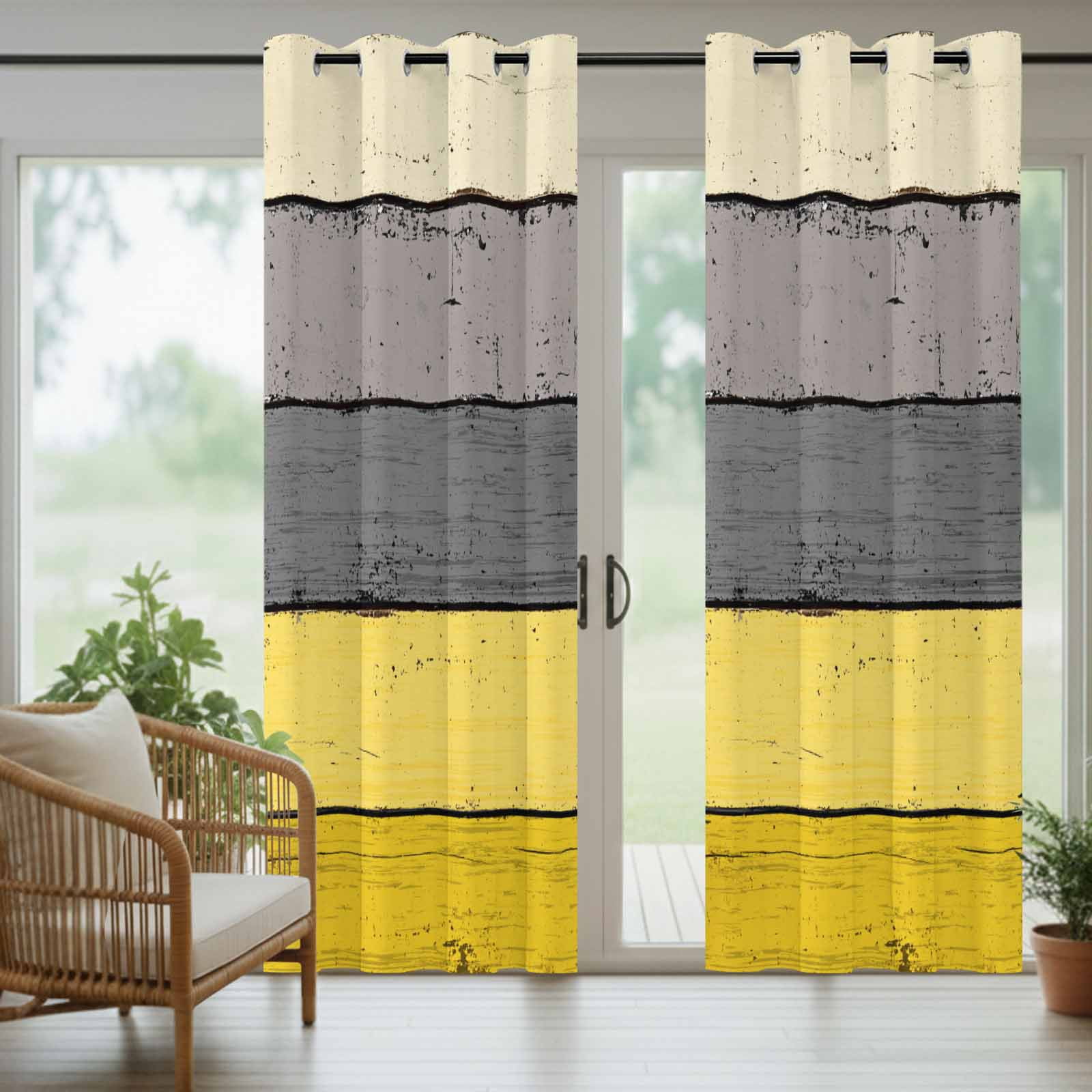 Outdoor Curtains for Patio Waterproof, Yellow Grey Windproof Pravicy Outside Porch Blackout Curtain, Vintage Stripe Farmhouse Wood Grain Ombre Sun Blocking Curtains for Cabana 2 Panels 54"x95"