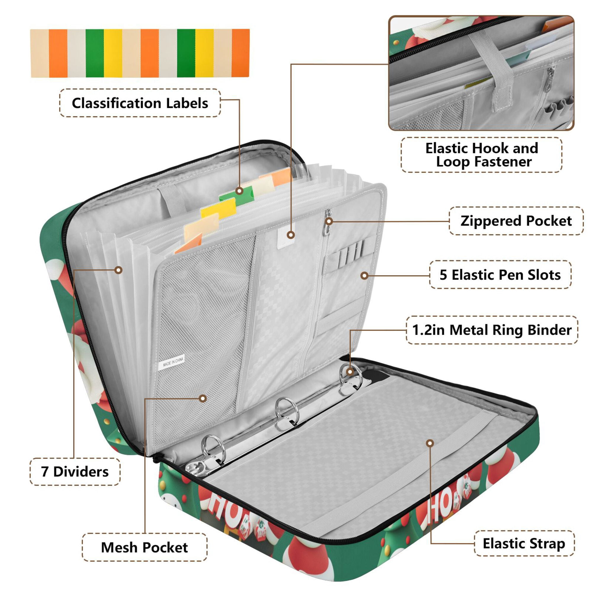 FORMRS Accordion File Folder A4 Size 7-Pocket Expanding Document Organizer Bag with 3 Ring Binder, Cute Christmas Pattern