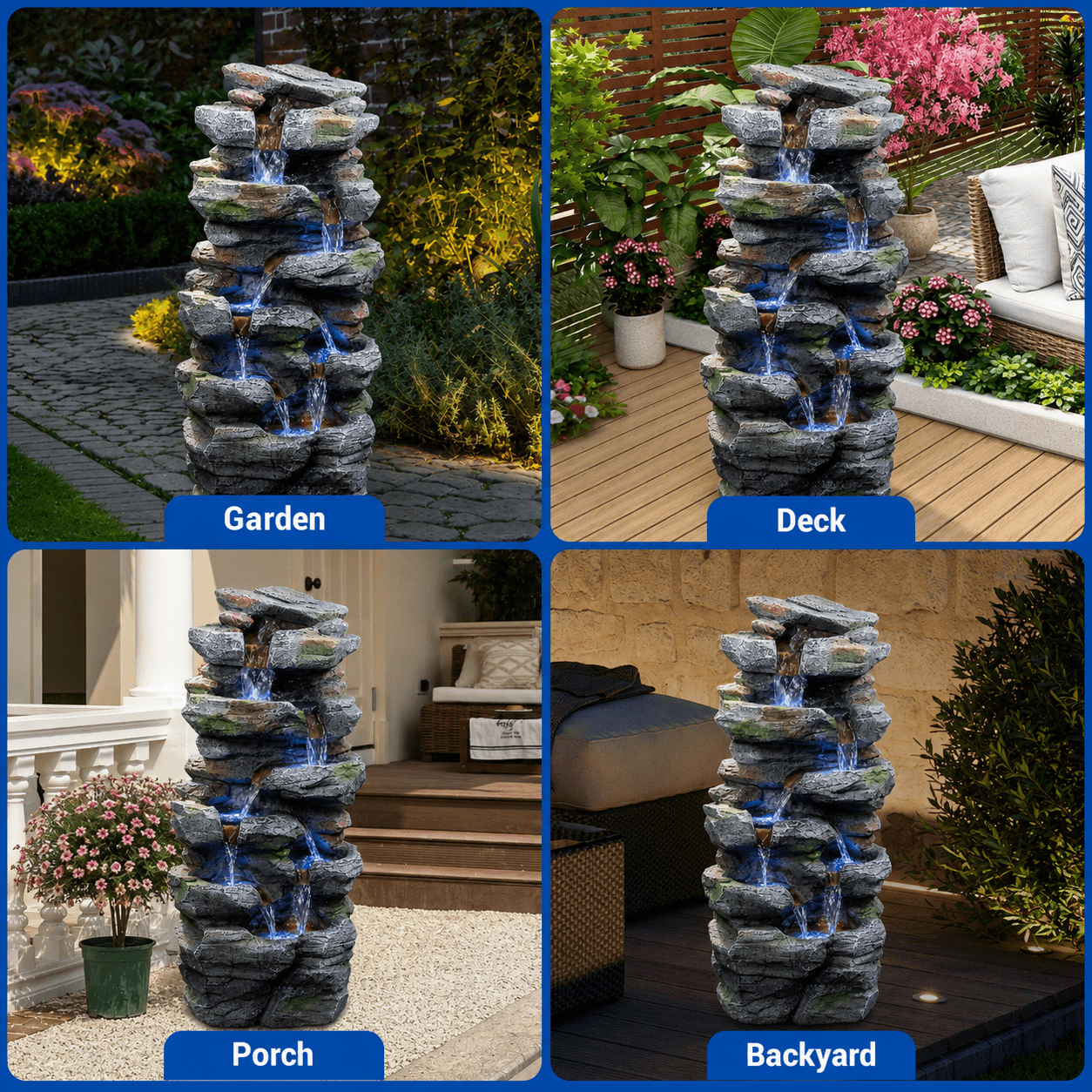 Aukfa Outdoor Rock Water Fountain with LED Lights, Resin Cascading Waterfall Feature for Patio Backyard Lawn,Gray