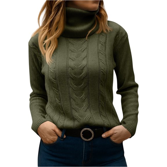 WTOBBY Women's Fashionable Solid Color High Neck Long Sleeved Sweater Pullover, Knitted Top for Elegant and Casual Outfits, Versatile and Warm,Army Green L