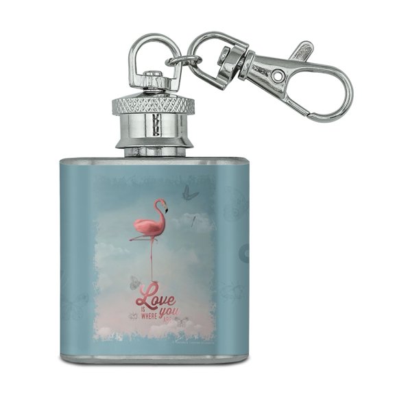 Flamingo Love is Where You Are Stainless Steel 1oz Mini Flask Key Chain
