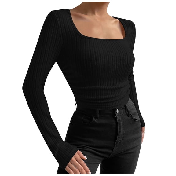 VALMASS Womens Long Sleeve Shirt Ribbed Square Neck Solid Knit Slim Blouses Casual Cozy Undershirts (XS, Black)