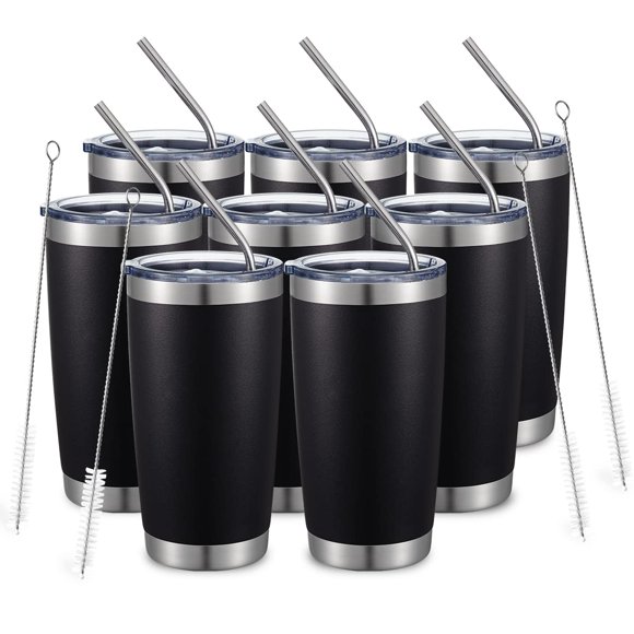 COMOOO 20oz/8Pack Black Tumbler Double Wall Vacuum Insulated Coffee Travel Mug Stainless Steel Tumbler with Lid and Straw Coffee Cup for Cold Drinks