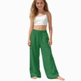 thumbnail image 1 of WUANDIXFA Girls Spring Pants 5-15 Years Girls Linen Pants Drawstring Wide Leg Pants Summer Flowy Palazzo Beach Trousers with Pockets,Green,14-15 Years, 1 of 5