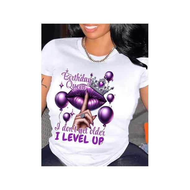 Queen Birthday Celebration Graphic T-Shirt For Women With Balloon Design Crew Neck Casual Cotton Knit Fabric Medium White Top