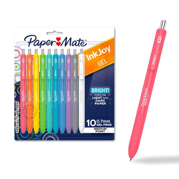 Paper Mate InkJoy Bright Pens, Gel Pens with Paint-like Ink, Medium Point (0.7 mm), Retractable, Assorted Brighter Colors, 10 Count