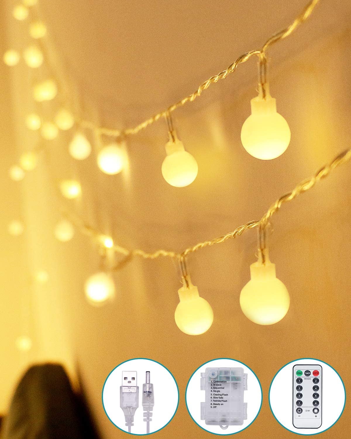 Globe String Lights,26.3FT 80 LED Indoor String Lights Waterproof