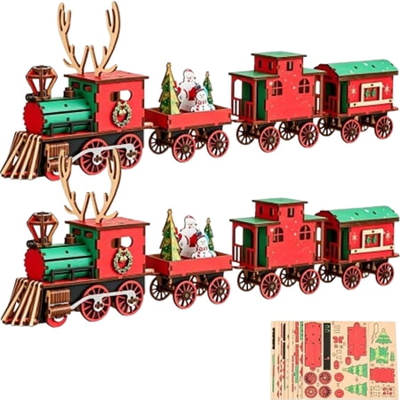 DIY Christmas Wooden Train Set 3D Assembly Puzzle Kit Vintage Steam Locomotive Wooden Model Fun Assembly 4-Car Holiday Train Christmas Tabletop Decor Family Craft Activity Gift