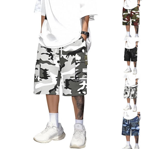 Dresfit Cargo Shorts Mens Drawstring Long Camo Shorts Summer 2026 Loose Outdoor Cropped Pants Stretch Knee Length Camouflage Athletic Carpenter Shorts S