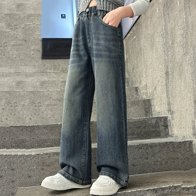 Cowsor Girls Baggy Jeans Distressed Denim Pants Elastic Waist Wide Leg Jeans for Girls Kids Loose