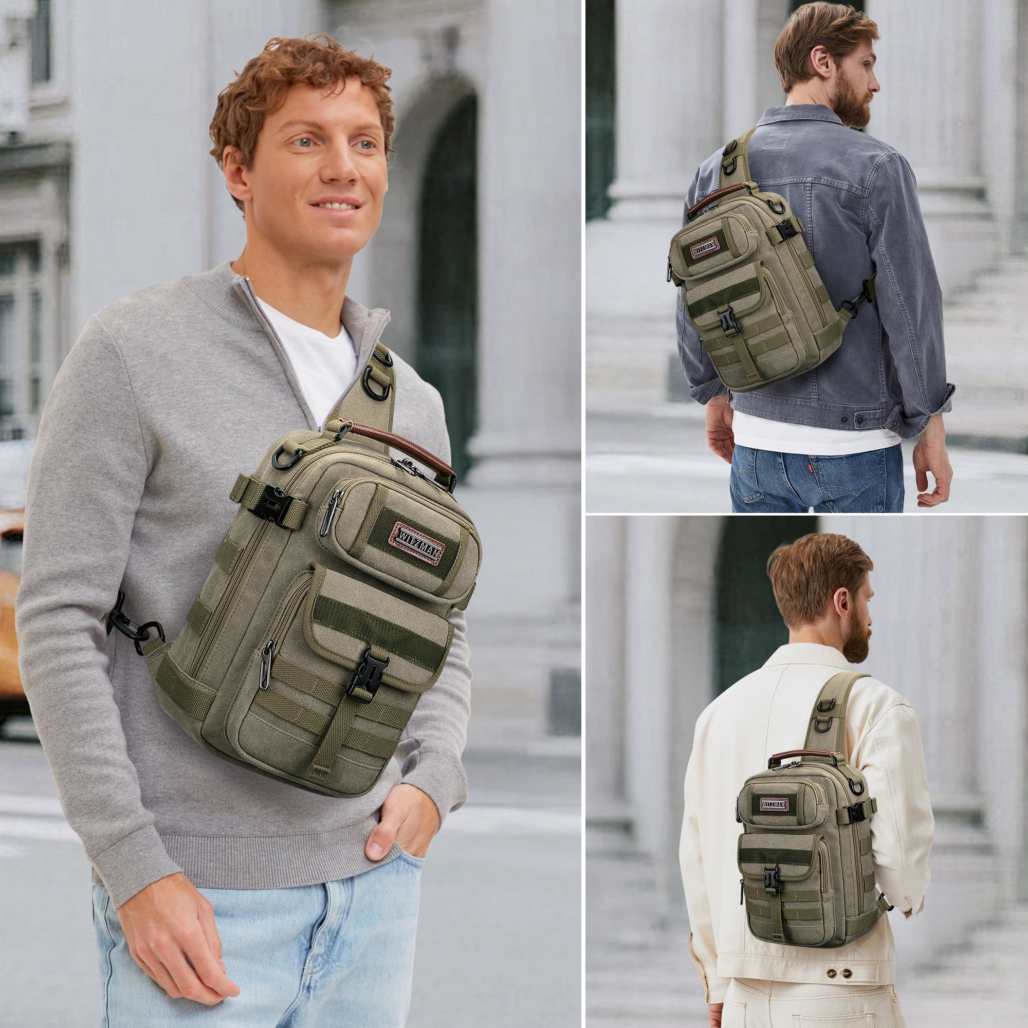 WITZMAN Sling Bag for Men Canvas Casual Chest Bag with USB Charging Port for Travel Daily Work(A8021 Army Green)