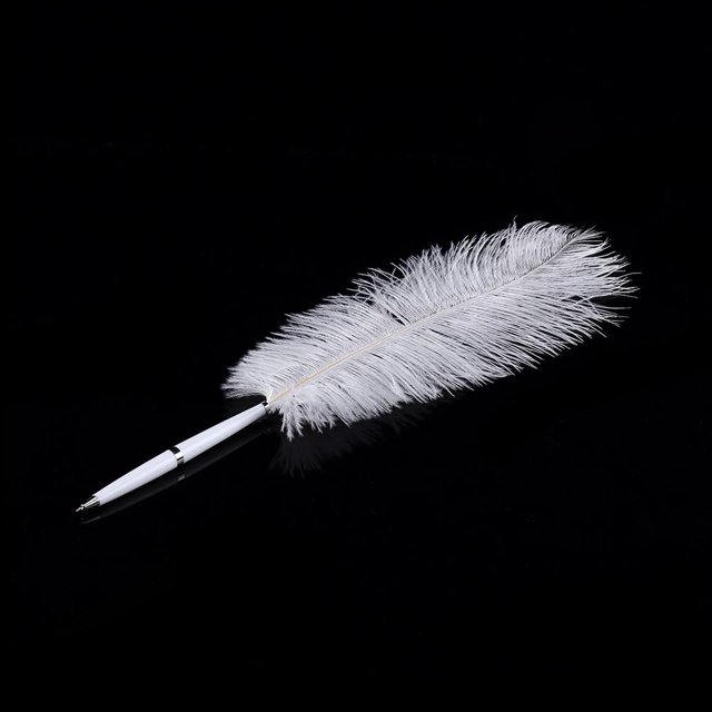 2 Colours Ostrich Feather Wedding Quill Signing Ballpoint Pen Metal Holder for Wedding Ceremony or Reception (Silver Base)