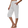 thumbnail image 4 of Zynoxe Womens Capri Pants Summer Solid Color Elastic Waist Drawstring Peasant Gauze Cropped Pants with Pockets Cotton Linen Straight Lounge Pants White 3XL, 4 of 5