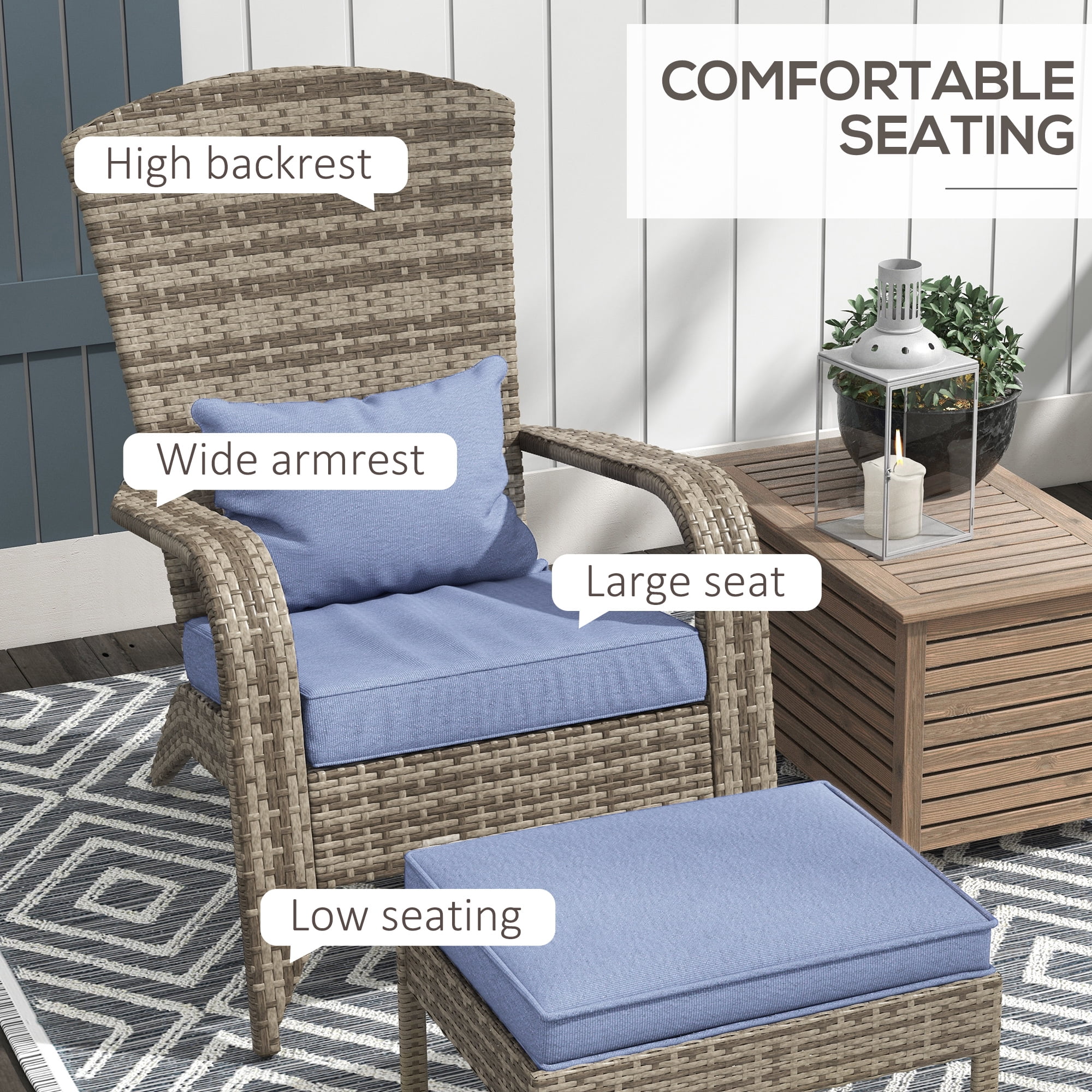 Comfortable,Soft Upholstered Cushions and Footstools,Patio Wicker Adirondack Chair with Ottoman,Outdoor Fire Pit Chair with Cushions, High-Back,Large Seat & Armrests for Deck,Garden & Backyard,Gray