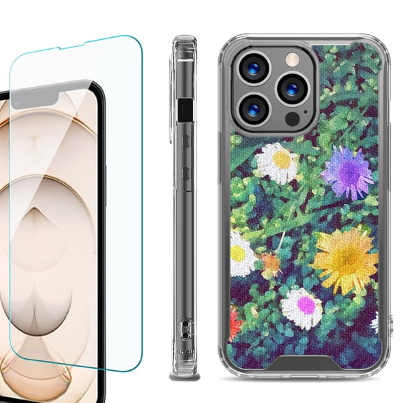 Shockproof Bumper Phone Case for iPhone 13 Pro Max, with Tempered Glass Screen Protector, by OneToughShield ® - Daisy Paint