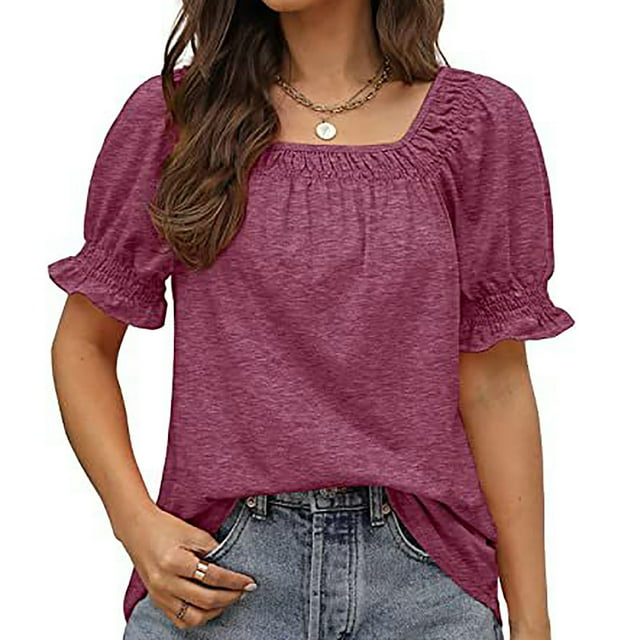 Drppepioner Womens Casual Solid Color Square Neck Short Sleeve Tops Blouses Purple S