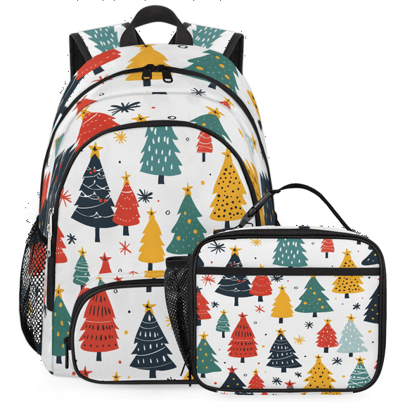 Herdesigns Christmas Tree Backpack with Lunch Box Colorful Lightweight Large Travel Work Laptop Backpacks Set Casual Daypacks
