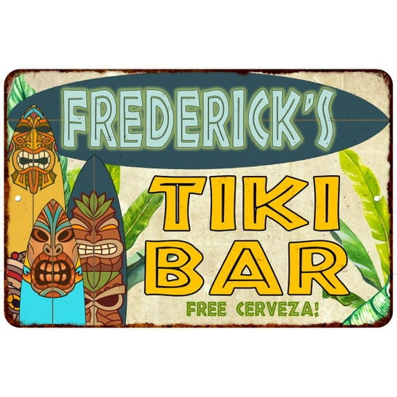 Frederick's TIKI BAR Sign Island Beach Ocean Metal Tin Metal Wall Decor 8 x 12 Matte Finish Metal 108120058181