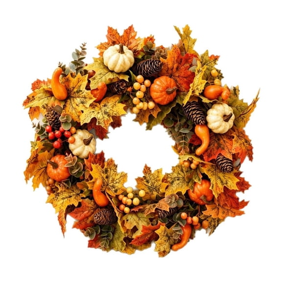 Feledorashia Thanksgiving Pumpkin Wreath, Maple Leaf Door Hanging, Simulated Berry Acorn Decorative Ring, Maintenance-Free Outdoor Indoor Fall Autumn Seasonal Decoration
