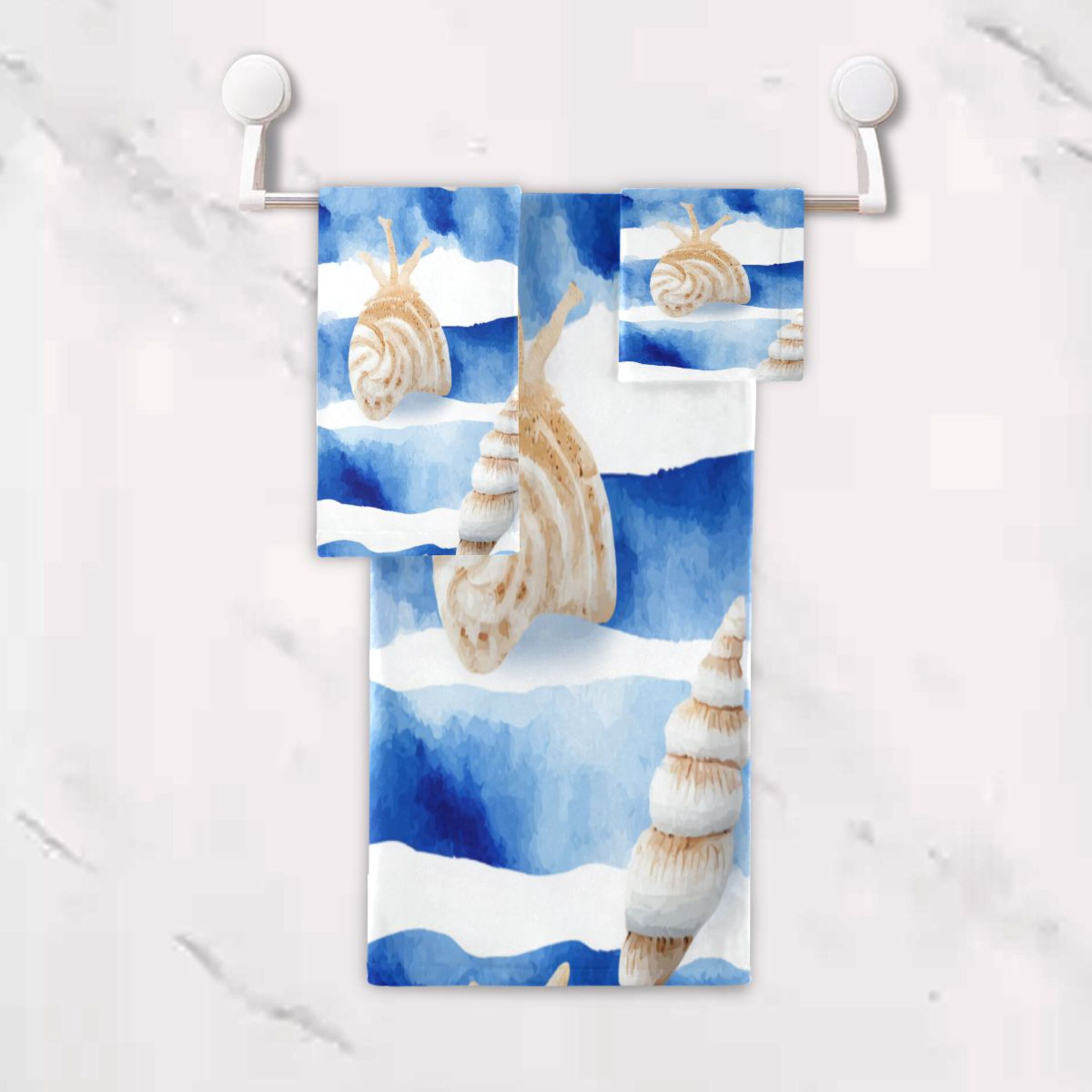 3 Sizes Towel Set - Bath Towel, Hand Towel & Washcloth for Daily Household Use Blue Nautical Stripes Pattern