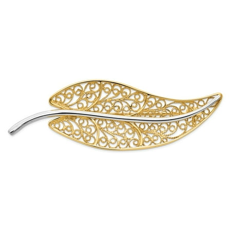 - 14K White And Yellow Gold Filigree Leaf Pin Brooch