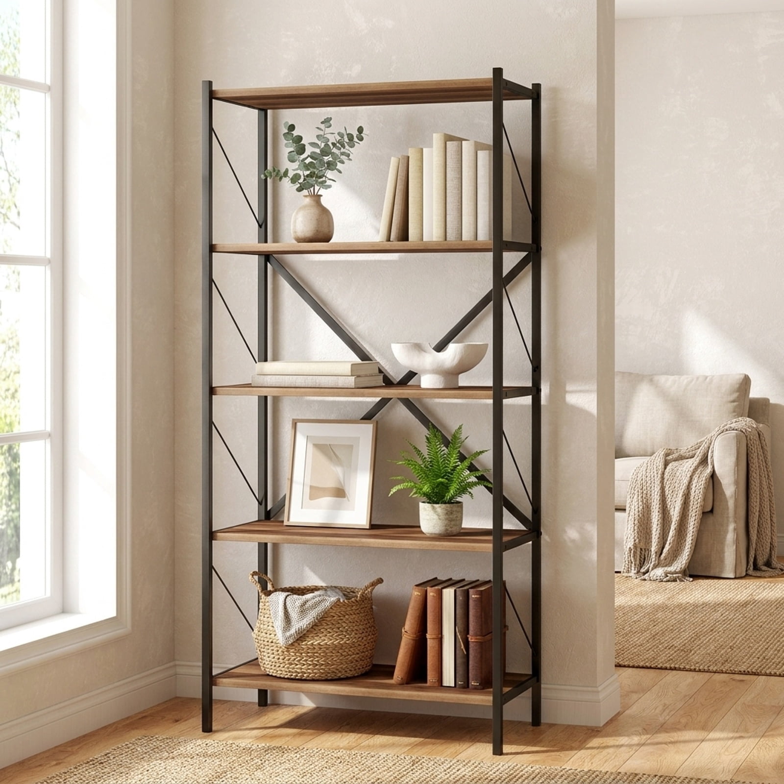 Furnibear 5-Tier Tall Bookshelf Industrial Bookcase with Heavy-Duty Metal Frame Modern Storage for Living Room Home Office Bedroom Display, Walnut
