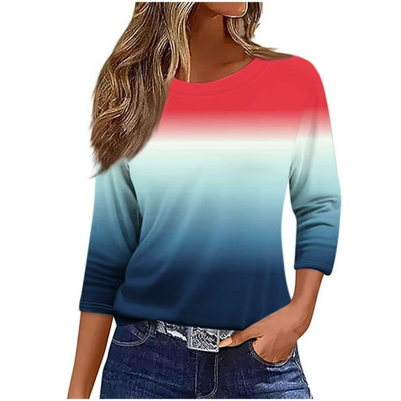 3/4 Sleeve Shirts for Women Crew Neck Cotton Gradient Tshirt Loose Casual Tops Pullover Comfort Dailywear, Red, XXL