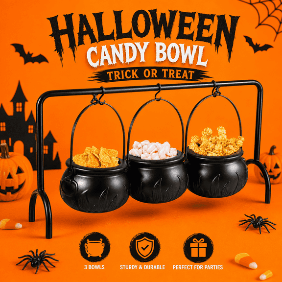 Halloween Candy Bowl Set of 3, Witch Cauldron Hanging Candy Dispensers with Metal Stand, Non-Slip Feet, Trick or Treat Table Centerpiece Spooky Decor