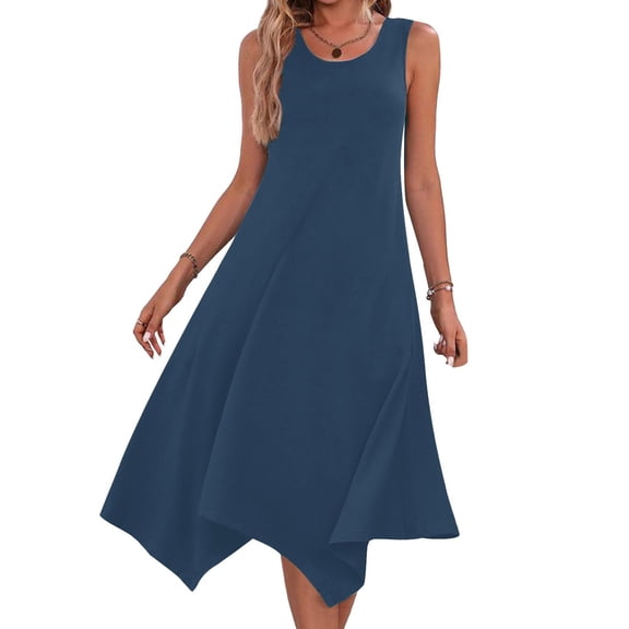 Jesvior Midi Dresses for Women Sleeveless Crew Neck Solid Loose Irregular A Line Tank Dress Flowy Beaach Vacation Clothes Casual Summer Dresses