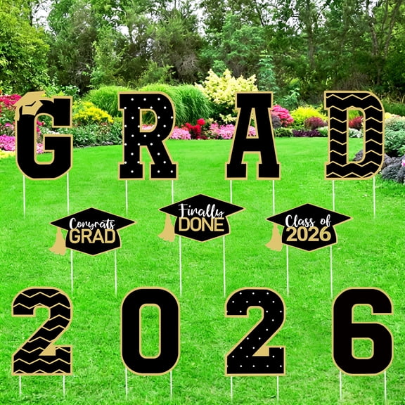 Nrnio 11 Pcs Graduation Yard Sign Decorations, Congrats Graduation Lawn Signs 2026 Grad Yard Signs with 22 Stakes for Outdoor Congrats Graduation Party Decor Supplies (Black)